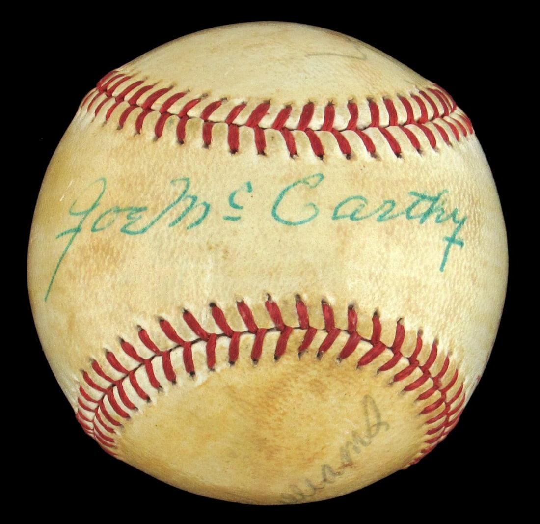 Joe McCarthy Ted Williams Signed MLB Baseball with JSA COA: Joe McCarthy Ted Williams Signed MLB Baseball with JSA COA This exquisite baseball features five notable signatures, including Hall of Famers Ted Williams and Joe McCarthy. The sweet spot is signed by