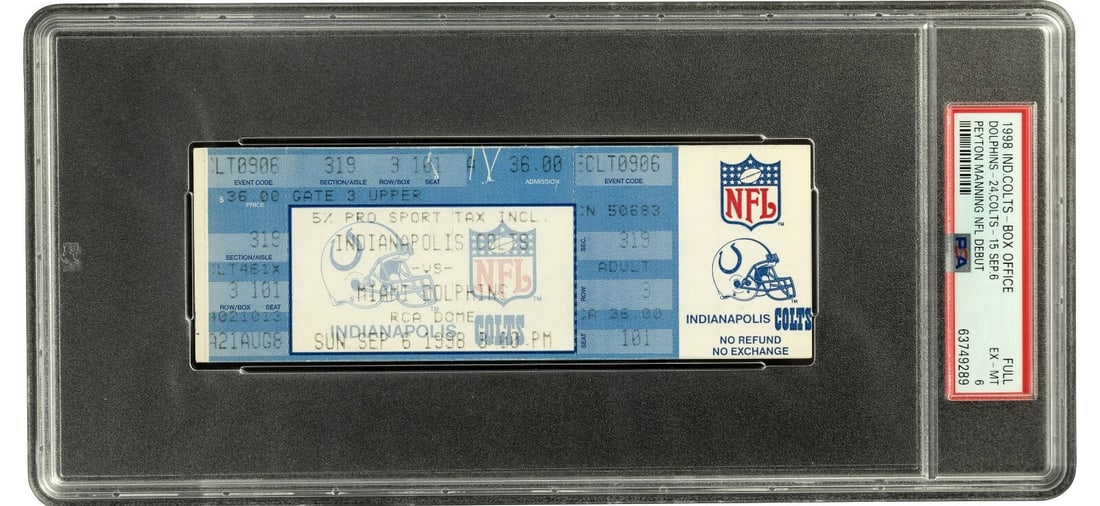 Peyton Manning NFL Debut Full Ticket PSA 6 Sep 6 1998 Pop 4: Peyton Manning NFL Debut Full Ticket PSA 6 Sep 6 1998 Pop 4 Celebrate the historic debut of football legend Peyton Manning with this original full ticket from his first NFL game on September 6, 1998.