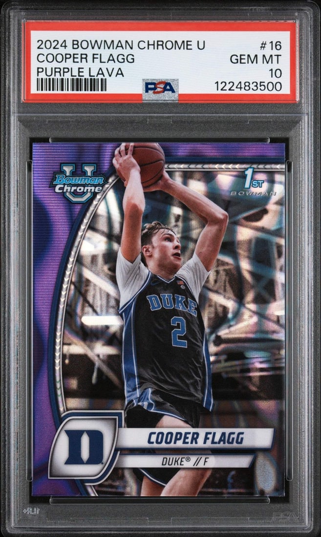 PSA 10 Bowman Chrome Purple Lava Cooper Flagg Rookie Card 2024 #16: PSA 10 Bowman Chrome Purple Lava Cooper Flagg Rookie Card 2024 #16 This is a 2024 Topps Bowman Chrome Cooper Flagg #16 Purple Lava Rookie Card, professionally graded and encapsulated by Professional S