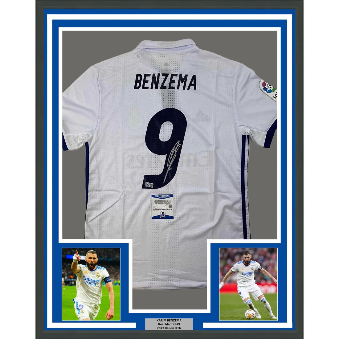 Framed Karim Benzema Signed 2016-17 Real Madrid Jersey with BAS COA: Framed Karim Benzema Signed 2016-17 Real Madrid Jersey with BAS COA Celebrate your passion for football with this professionally framed and autographed Karim Benzema jersey from the Real Madrid