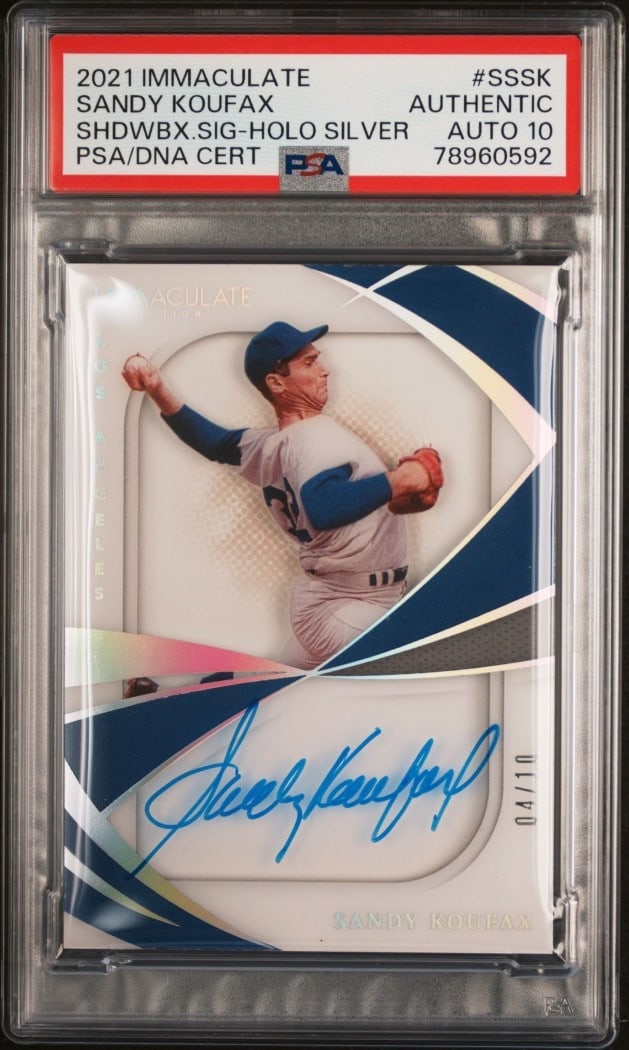Sandy Koufax 2021 Panini Immaculate Shadowbox Silver Holo PSA 10 #SSSK: Sandy Koufax 2021 Panini Immaculate Shadowbox Silver Holo PSA 10 #SSSK This is a 2021 Panini Immaculate Shadowbox Silver Holo baseball card featuring Sandy Koufax, a legendary player for the Los