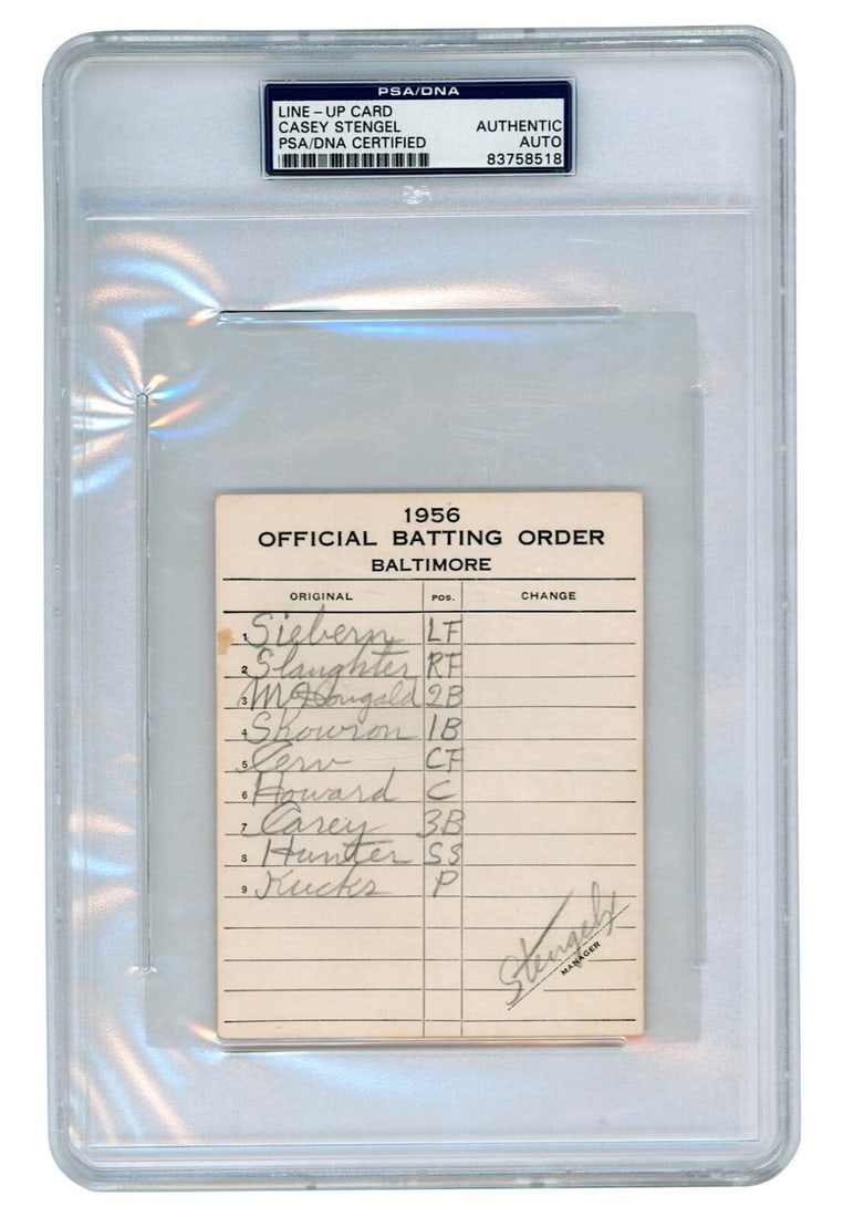 Casey Stengel Signed 1956 Yankees Game Used Lineup Card PSA: Casey Stengel Signed 1956 Yankees Game Used Lineup Card PSA This remarkable piece of baseball history features a handwritten lineup card used during a 1956 New York Yankees game, personally signed by