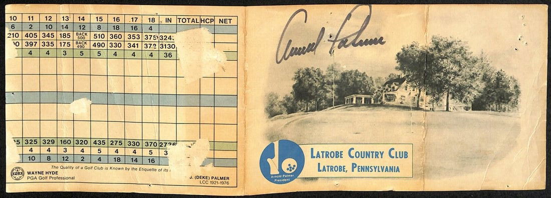 Arnold Palmer Signed Latrobe Country Club Score Card JSA Certified: Arnold Palmer Signed Latrobe Country Club Score Card JSA Certified This is an original signed scorecard from the legendary golfer Arnold Palmer, featuring his signature and authenticated by JSA, compl