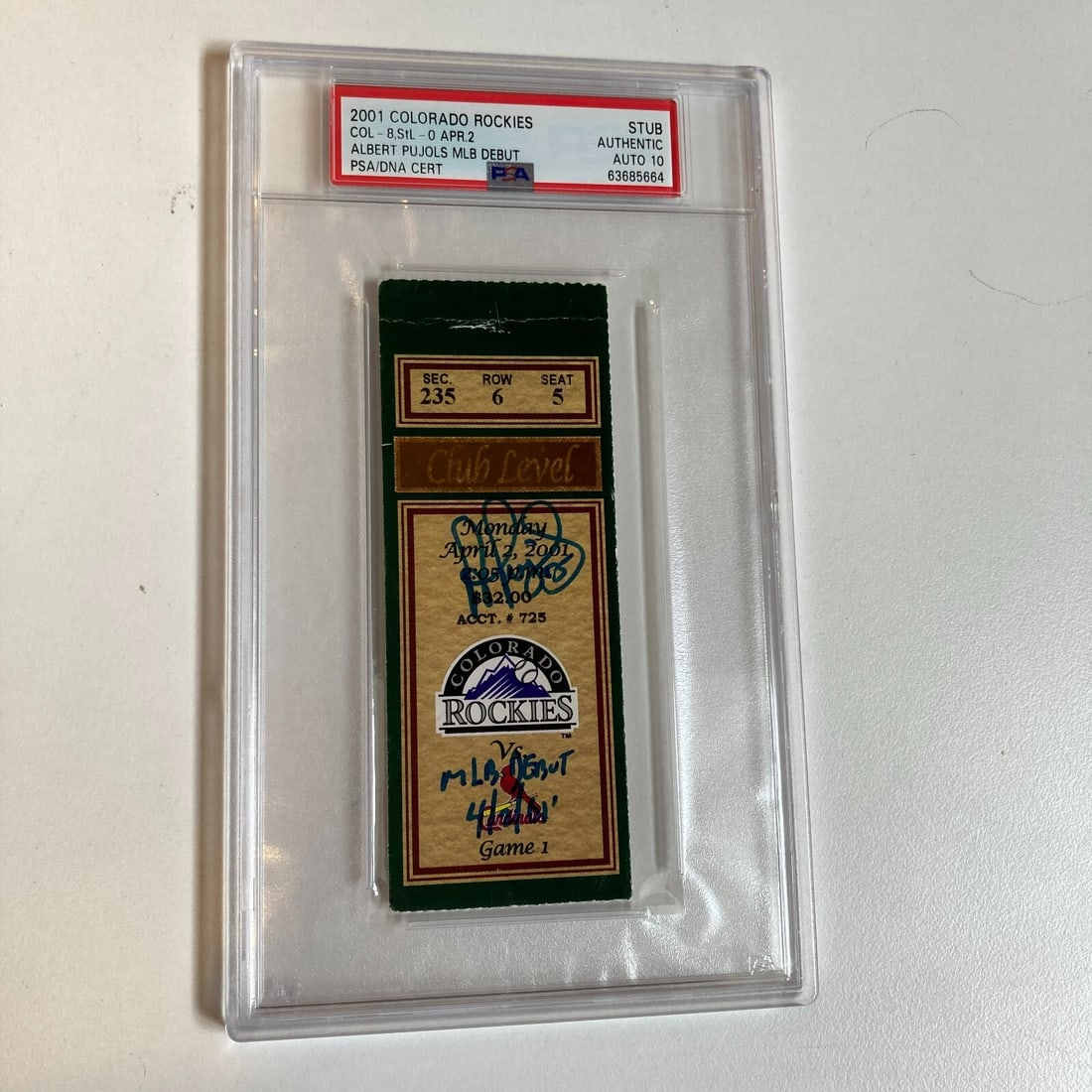 Albert Pujols Signed MLB Debut Ticket Stub PSA DNA 10: Albert Pujols Signed MLB Debut Ticket Stub PSA DNA 10 This is an original ticket stub from the MLB debut of Albert Pujols, dated April 2, 2001, marking the beginning of his illustrious career with the