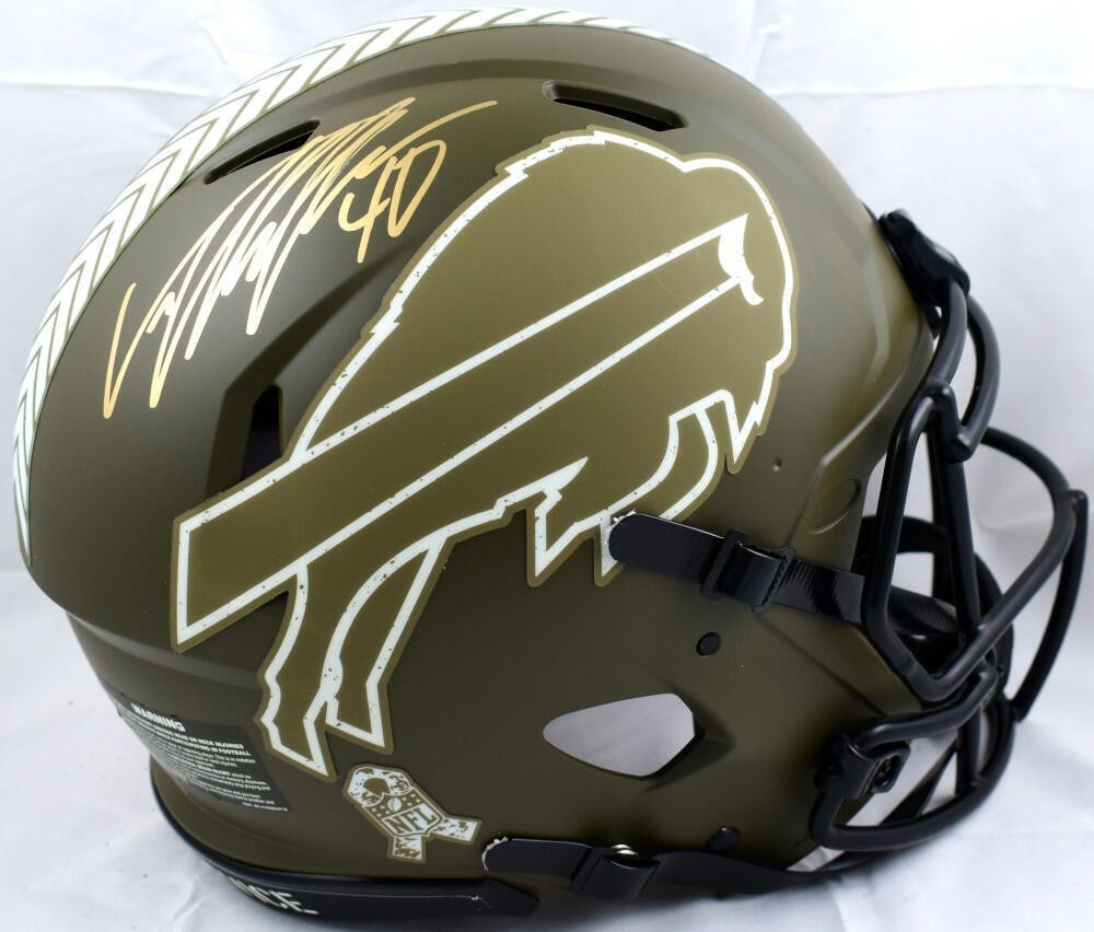 Von Miller Autographed Buffalo Bills Salute to Service Helmet Beckett Authenticated: Von Miller Autographed Buffalo Bills Salute to Service Helmet Beckett Authenticated This authentic full-size helmet commemorates Von Miller's contribution to the Buffalo Bills during the Salute to