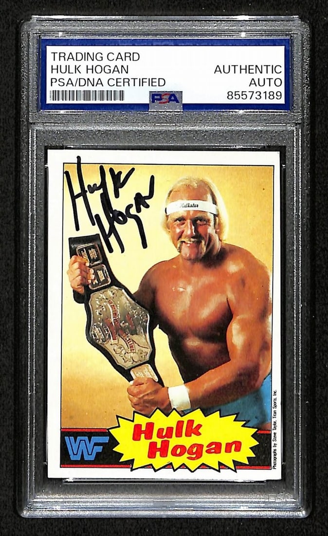 1985 Topps WWF Rookie Card #1 Hulk Hogan PSA DNA Authenticated Autograph: 1985 Topps WWF Rookie Card #1 Hulk Hogan PSA DNA Authenticated Autograph This is an original 1985 TOPPS WWF Rookie Card #1 featuring Hulk Hogan. The card is signed by Hulk Hogan and has been authentic