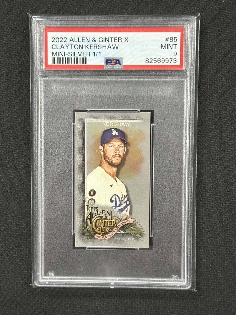 Clayton Kershaw 2022 Allen Ginter X Mini Silver PSA 9 Dodgers Card #85: Clayton Kershaw 2022 Allen Ginter X Mini Silver PSA 9 Dodgers Card #85 This is a 2022 Allen Ginter X Mini Silver baseball card featuring Clayton Kershaw, a standout player for the Los Angeles Dodgers.