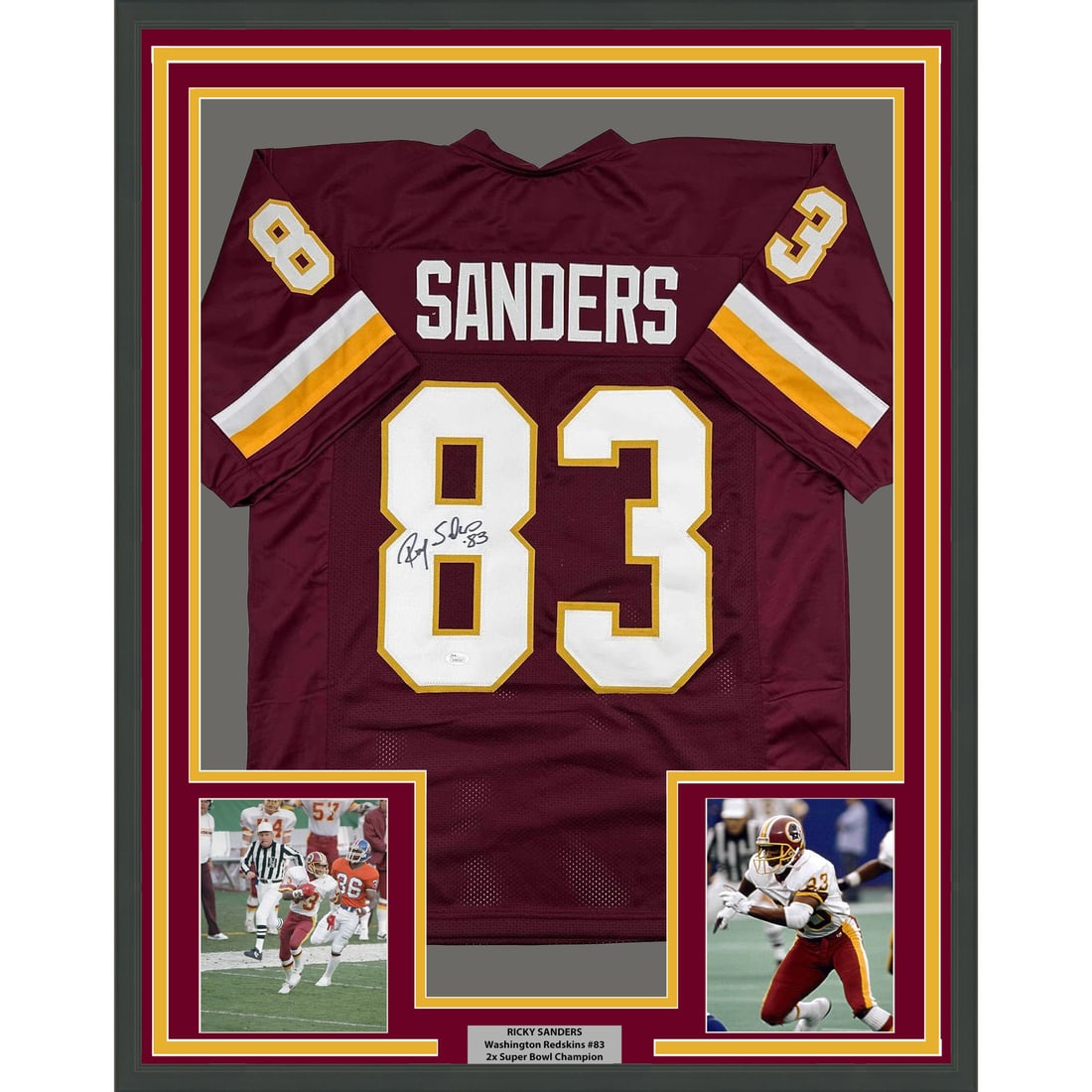 Ricky Sanders Signed Washington Jersey Display 35x39 Framed with JSA Authentication: Ricky Sanders Signed Washington Jersey Display 35x39 Framed with JSA Authentication This framed display features a burgundy Washington Commanders jersey autographed by Ricky Sanders. The jersey is aut