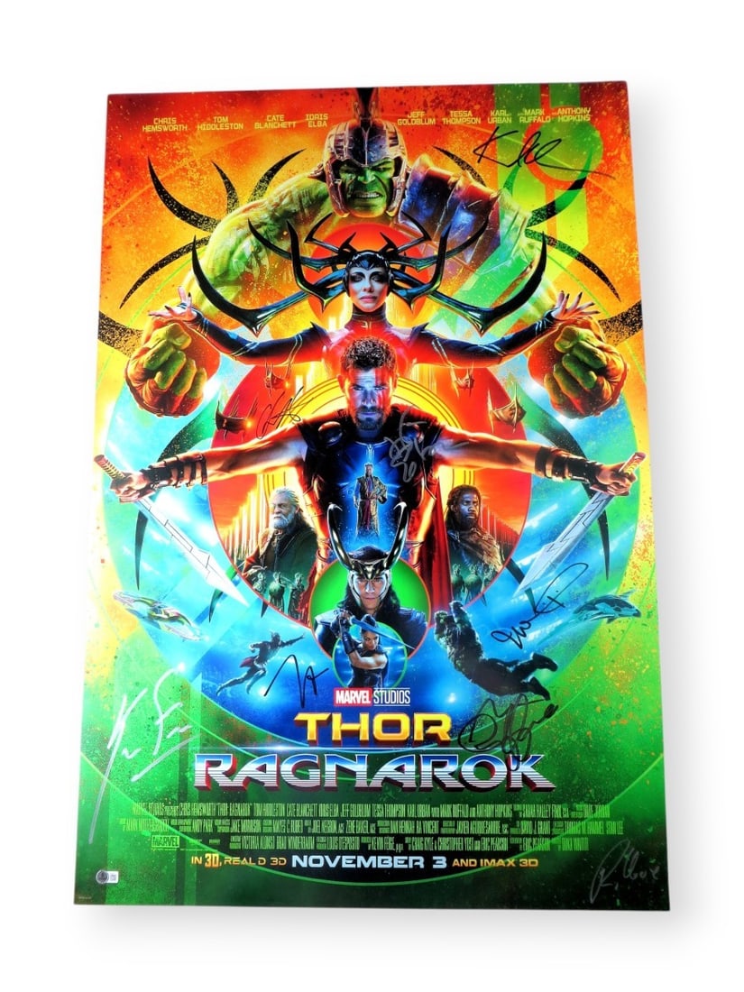 Thor Ragnarok Cast Autographed 27X40 Poster Beckett Certified Hemsworth Ruffalo Goldblum Urban: Thor Ragnarok Cast Autographed 27X40 Poster Beckett Certified Hemsworth Ruffalo Goldblum Urban This original 27x40 poster from the film Thor: Ragnarok features the signatures of notable cast members,