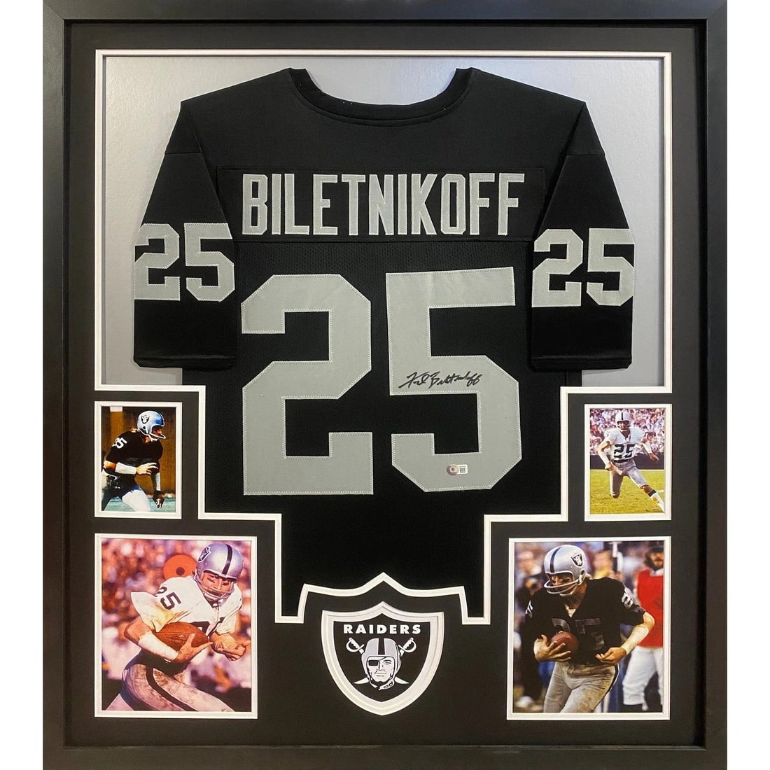 Framed Fred Biletnikoff Autographed Raiders Jersey with Beckett Authentication: Framed Fred Biletnikoff Autographed Raiders Jersey with Beckett Authentication This is a framed, autographed black jersey signed by Fred Biletnikoff of the Oakland Raiders. The jersey has been authent
