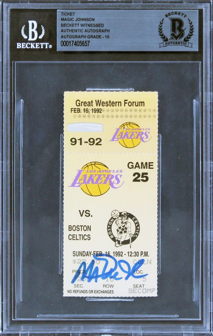 Magic Johnson Signed Lakers Retirement Ticket Stub Gem Mint 10 Beckett Authenticated: Magic Johnson Signed Lakers Retirement Ticket Stub Gem Mint 10 Beckett Authenticated Celebrate the legacy of Magic Johnson with this autographed Los Angeles Lakers jersey retirement ticket stub. Perso