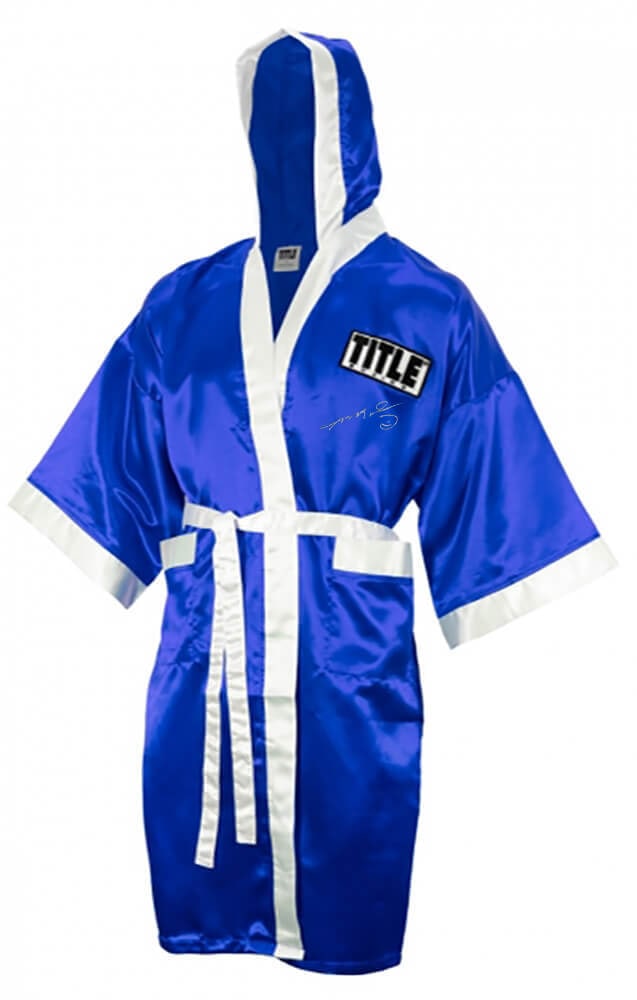 Sugar Ray Leonard Signed Title Boxing Robe Blue White Trim Hood COA: Sugar Ray Leonard Signed Title Boxing Robe Blue White Trim Hood COA Celebrate boxing history with this authentic Sugar Ray Leonard signed Title boxing robe, featuring a striking blue and white trim an
