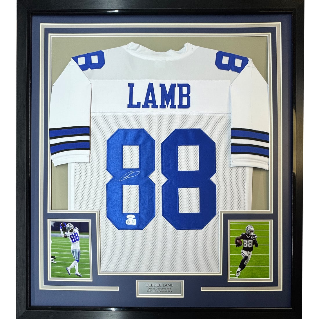Framed CeeDee Lamb Autographed Jersey with JSA COA Dallas Cowboys: Framed CeeDee Lamb Autographed Jersey with JSA COA Dallas Cowboys This professionally framed and matted collectible features an autographed CeeDee Lamb Dallas Cowboys white football jersey, authentica