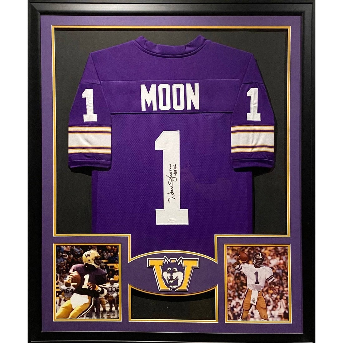 Warren Moon Autographed Framed Jersey JSA Certified Washington Huskies Oilers: Warren Moon Autographed Framed Jersey JSA Certified Washington Huskies Oilers This is a professionally framed jersey of Warren Moon, featuring his signature and authenticated by JSA, a top name in spo