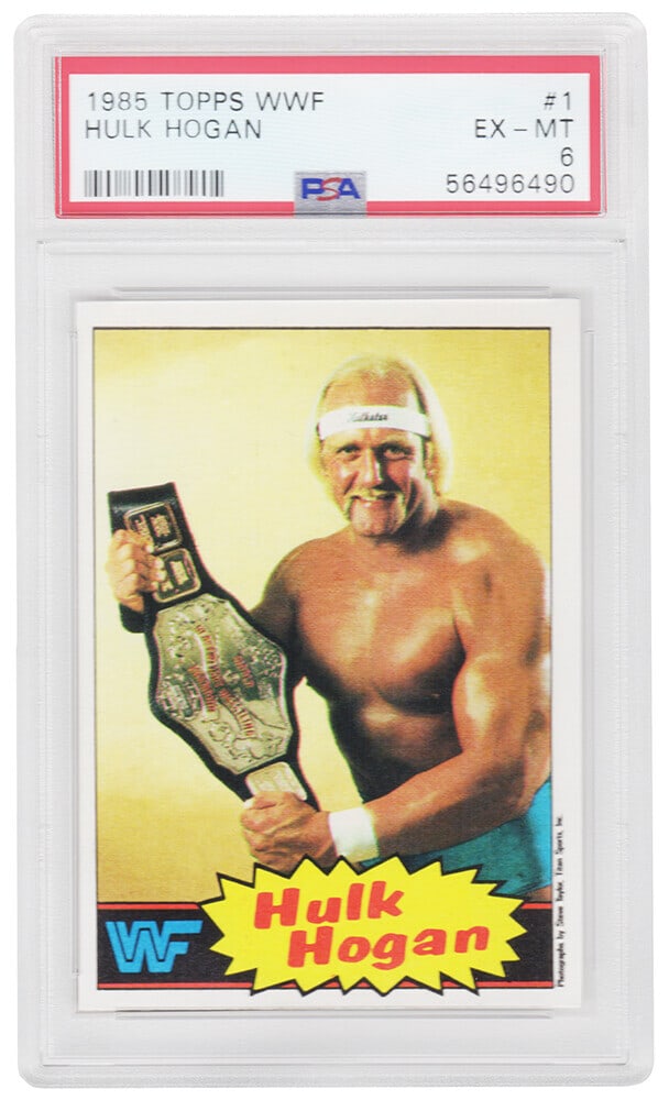 Hulk Hogan 1985 Topps WWF Rookie Card #1 PSA 6 Yellow Background: Hulk Hogan 1985 Topps WWF Rookie Card #1 PSA 6 Yellow Background Introducing the Hulk Hogan 1985 Topps WWF Pro Wrestling Stars rookie card #1, featuring a vibrant yellow background. This iconic tradin