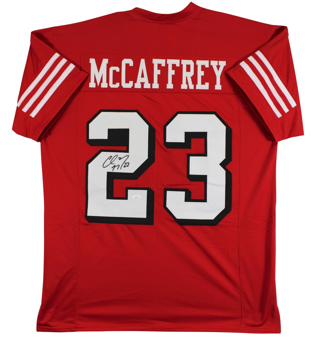 Autographed Red Pro Style Jersey Christian McCaffrey JSA Certified: Autographed Red Pro Style Jersey Christian McCaffrey JSA Certified This red pro style jersey features a dropshadow design and has been personally signed by Christian McCaffrey of the San Francisco 49e