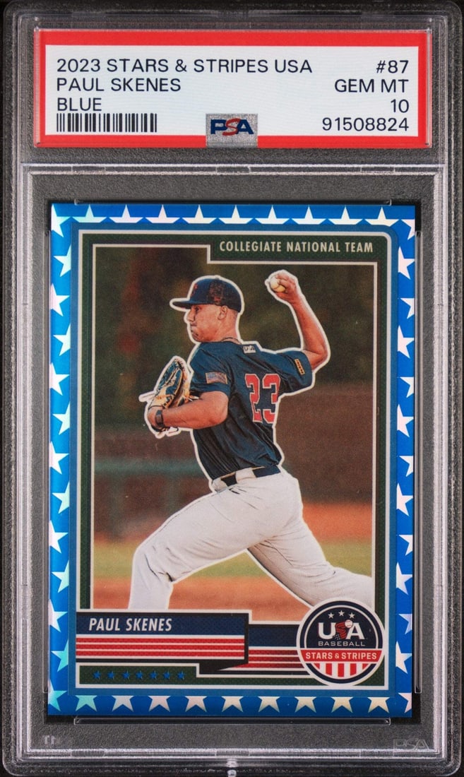 2023 Panini Stars & Stripes Paul Skenes #87 Blue #/75 PSA 10 Baseball Card: 2023 Panini Stars & Stripes Paul Skenes #87 Blue #/75 PSA 10 Baseball Card This graded 2023 Panini Stars & Stripes Paul Skenes #87 Blue baseball card is a must-have for collectors. Limited to just 75