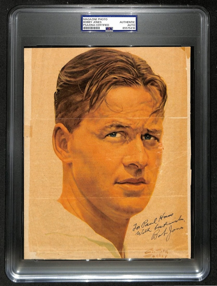 Autographed 8x10 Golf Photograph Bobby Jones Inscribed with PSA/DNA Authentication: Autographed 8x10 Golf Photograph Bobby Jones Inscribed with PSA/DNA Authentication This is an original 8x10 magazine photo featuring Bobby Jones, signed and inscribed by the golf professional. The aut