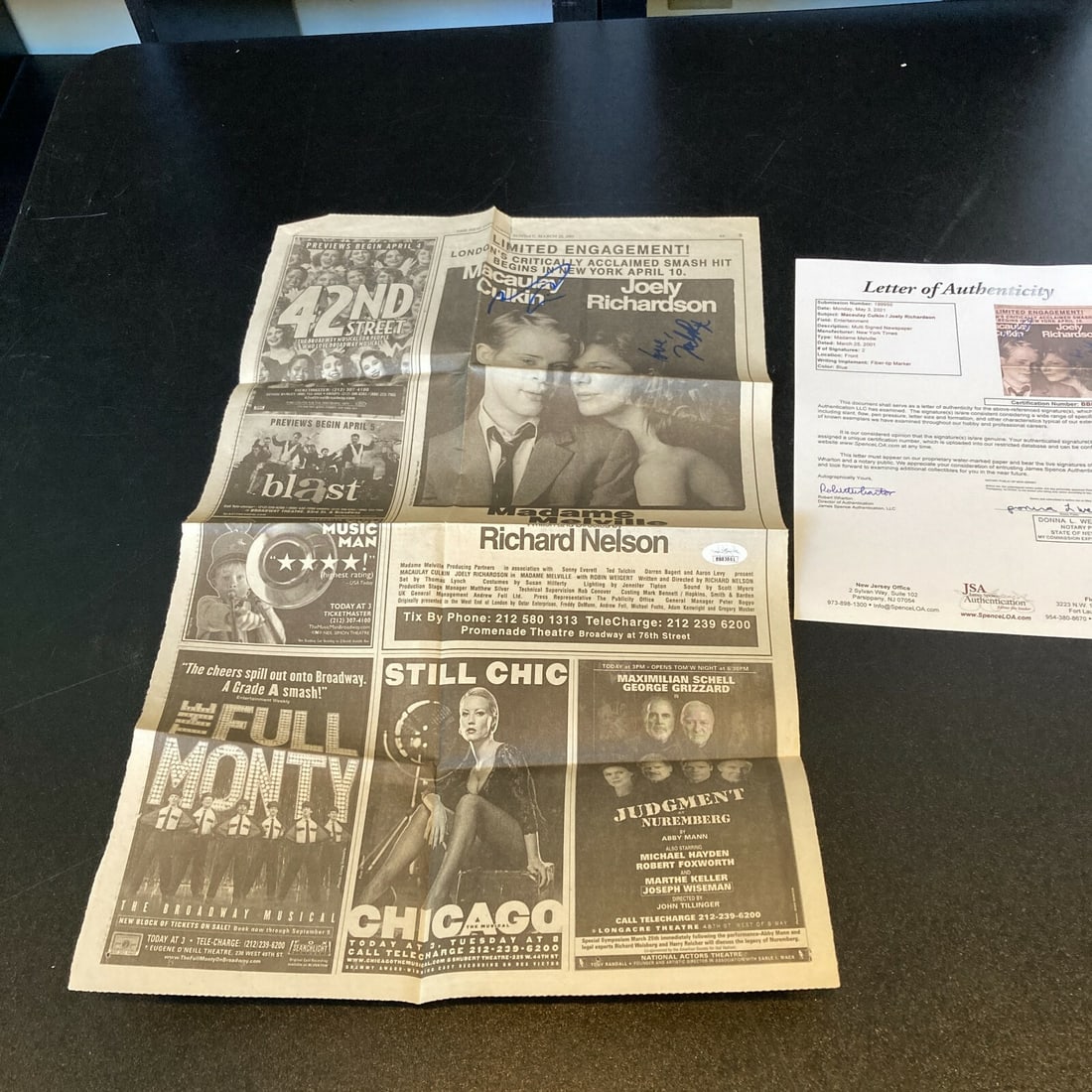 Macaulay Culkin Autographed Movie Newspaper Photo JSA COA: Macaulay Culkin Autographed Movie Newspaper Photo JSA COA This is an original signed photograph of Macaulay Culkin from a movie newspaper, authenticated by James Spence Authentication (JSA). The photo