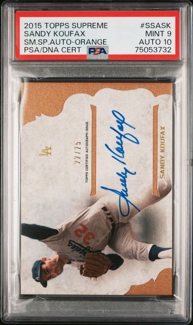 Sandy Koufax 2015 Topps Supreme Orange #SSASK PSA 10 Auto 22/25: Sandy Koufax 2015 Topps Supreme Orange #SSASK PSA 10 Auto 22/25 This is a 2015 Topps Supreme Simply Supreme Orange baseball card featuring the legendary player Sandy Koufax. The card is graded by Prof
