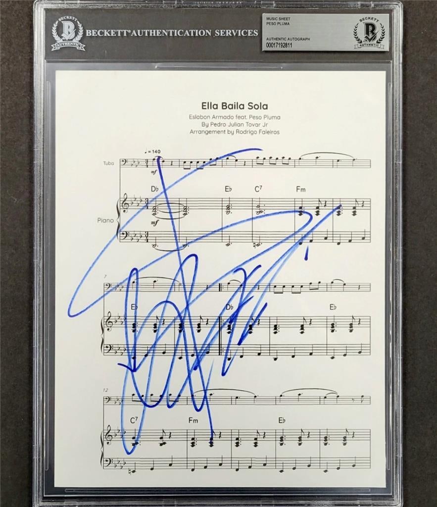 Peso Pluma autographed Ella Baila Sola 8x10 sheet music with Beckett authentication: Peso Pluma autographed Ella Baila Sola 8x10 sheet music with Beckett authentication This is an original 8x10 music sheet for 'Ella Baila Sola,' signed by Peso Pluma. The autograph has been authenticat