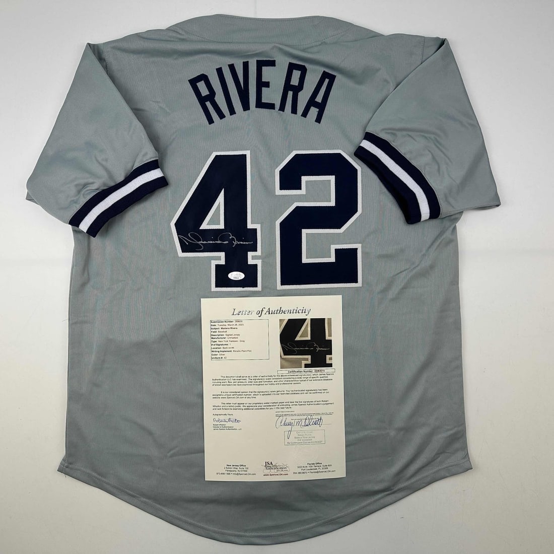 Mariano Rivera Autographed Grey Yankees Jersey with JSA COA: Mariano Rivera Autographed Grey Yankees Jersey with JSA COA This is an authentic autographed Mariano Rivera New York Grey Baseball Jersey, certified by James Spence Authentication (JSA). The jersey fe