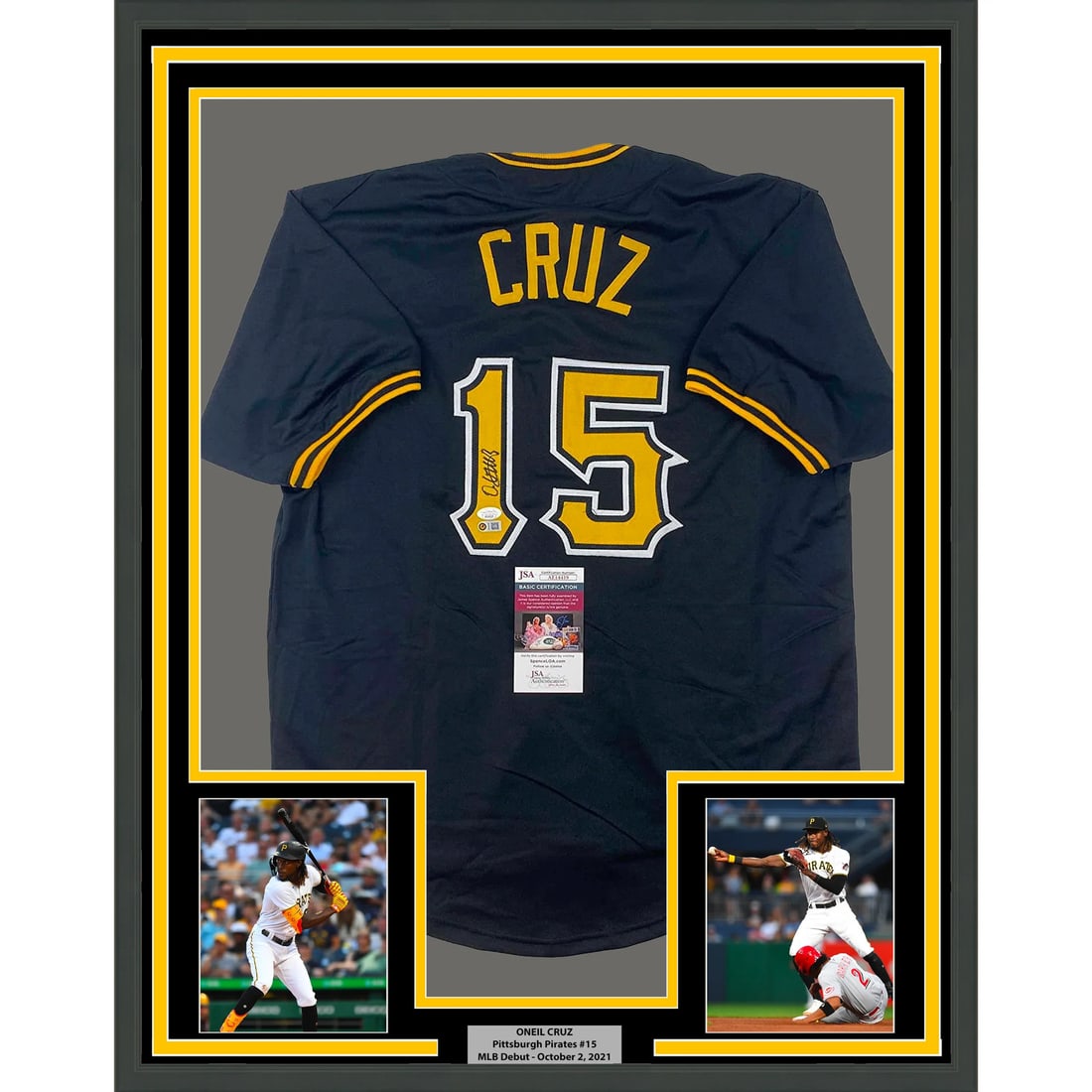 Framed Oneil Cruz Autographed Jersey Pittsburgh Pirates JSA COA 33x42: Framed Oneil Cruz Autographed Jersey Pittsburgh Pirates JSA COA 33x42 Showcase your love for baseball with this professionally framed autographed jersey of Oneil Cruz, the standout player of the Pitts