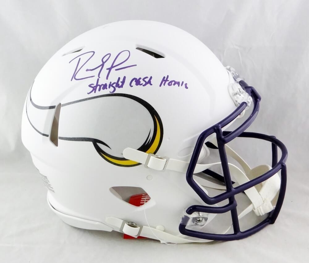 Minnesota Vikings Authentic Helmet Signed by Randy Moss with Inscription Beckett Auth: Minnesota Vikings Authentic Helmet Signed by Randy Moss with Inscription Beckett Auth This is an authentic full-size Minnesota Vikings helmet featuring a flat white finish, signed by Randy Moss with a