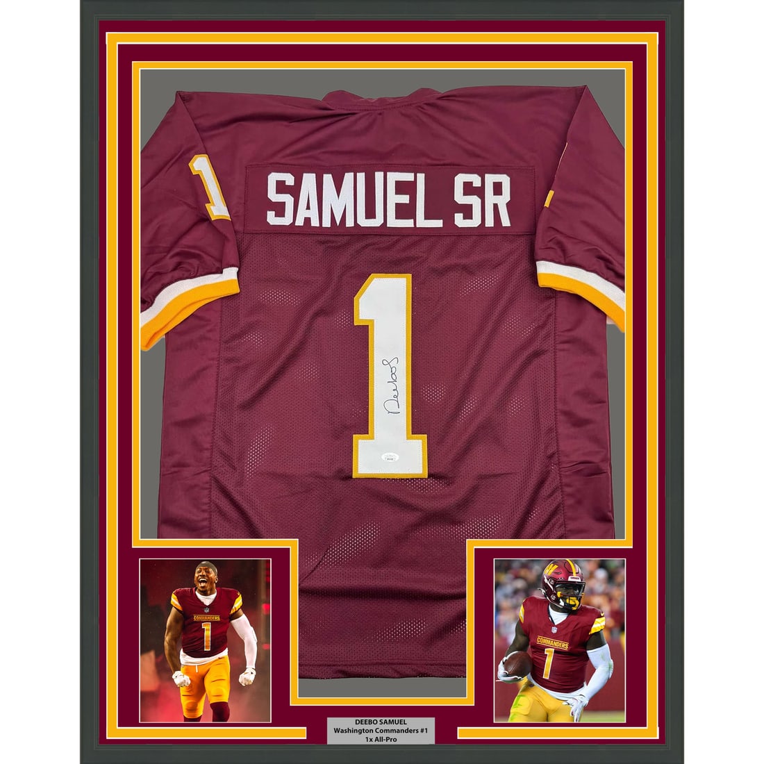 Deebo Samuel Signed Washington Commanders Jersey in 35x39 Framed Display JSA COA: Deebo Samuel Signed Washington Commanders Jersey in 35x39 Framed Display JSA COA This professionally framed and matted Washington Commanders burgundy jersey features the autograph of Deebo Samuel. The