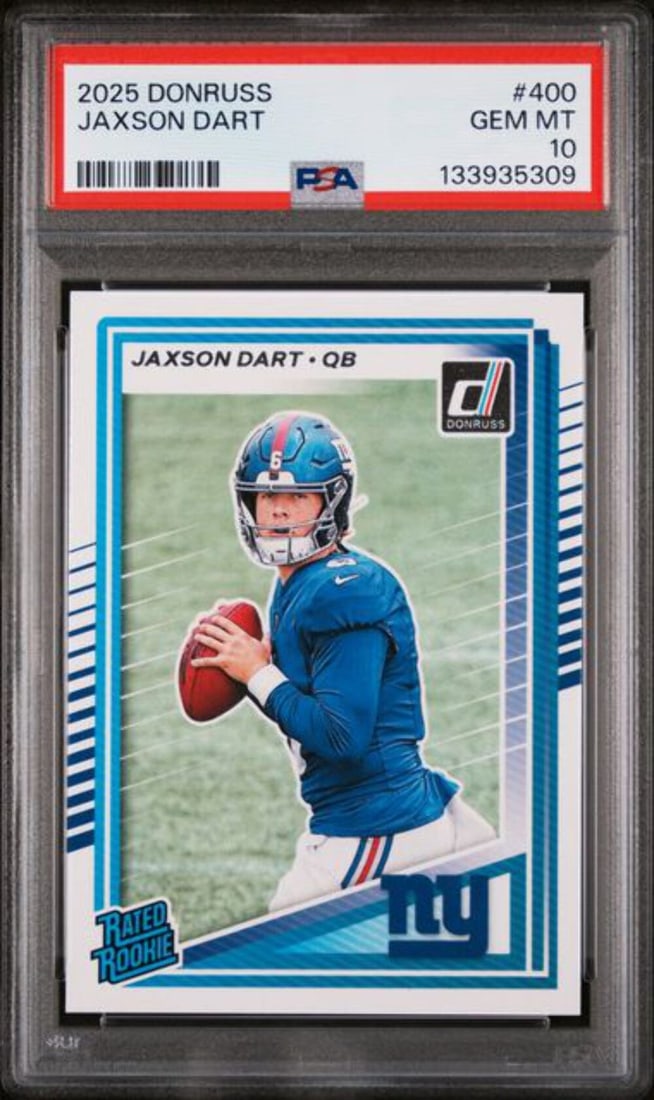 PSA 10 Jaxson Dart 2025 Donruss Rookie Football Card #400 Mint: PSA 10 Jaxson Dart 2025 Donruss Rookie Football Card #400 Mint This is a 2025 Panini Donruss Jaxson Dart #400 Rookie RC football card featuring the player Jaxson Dart of the New York Giants. The card