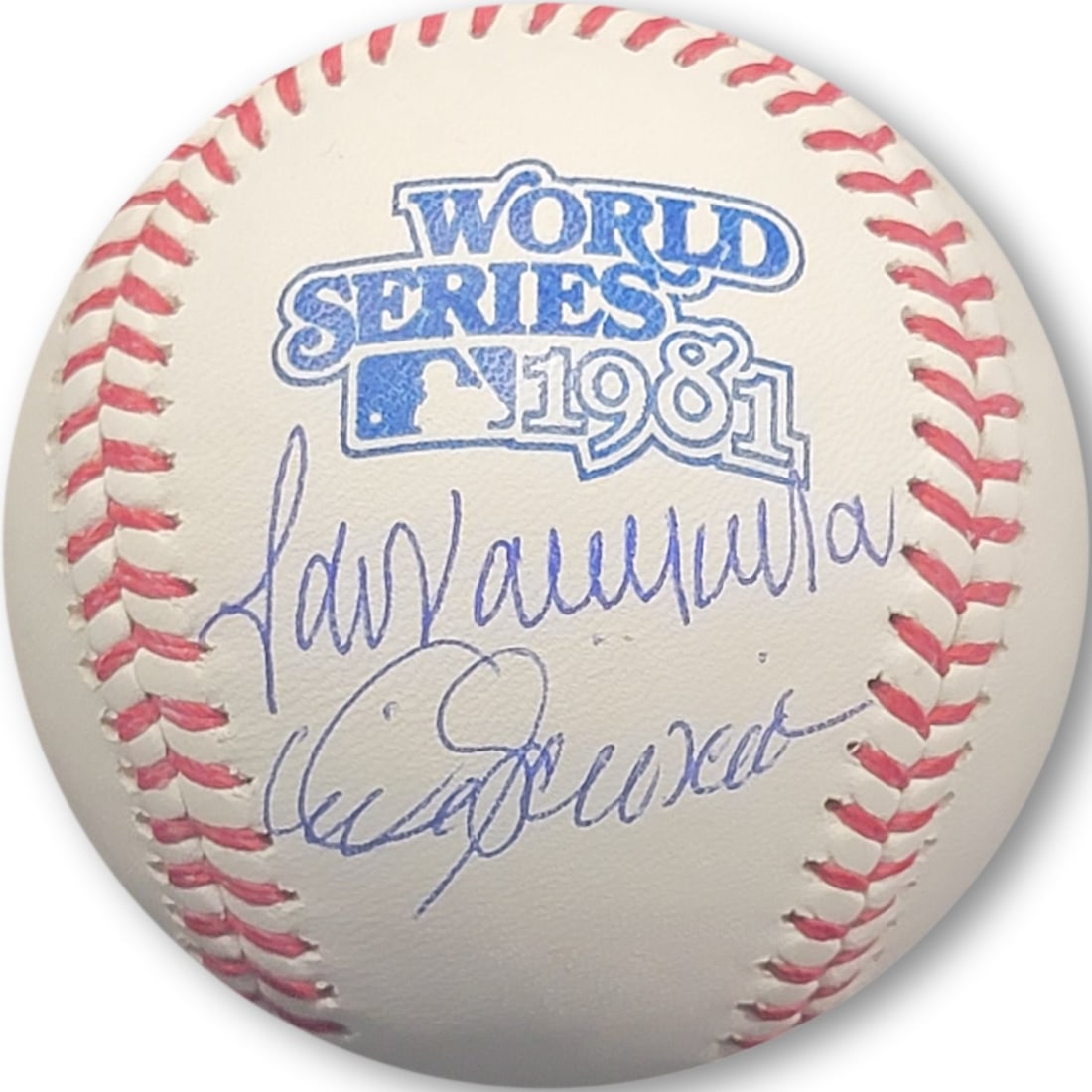 Fernando Valenzuela Mike Scioscia Signed 1981 WS Baseball JSA Authenticated Dodgers: Fernando Valenzuela Mike Scioscia Signed 1981 WS Baseball JSA Authenticated Dodgers This original 1981 World Series baseball features the autographs of Los Angeles Dodgers players Fernando Valenzuela
