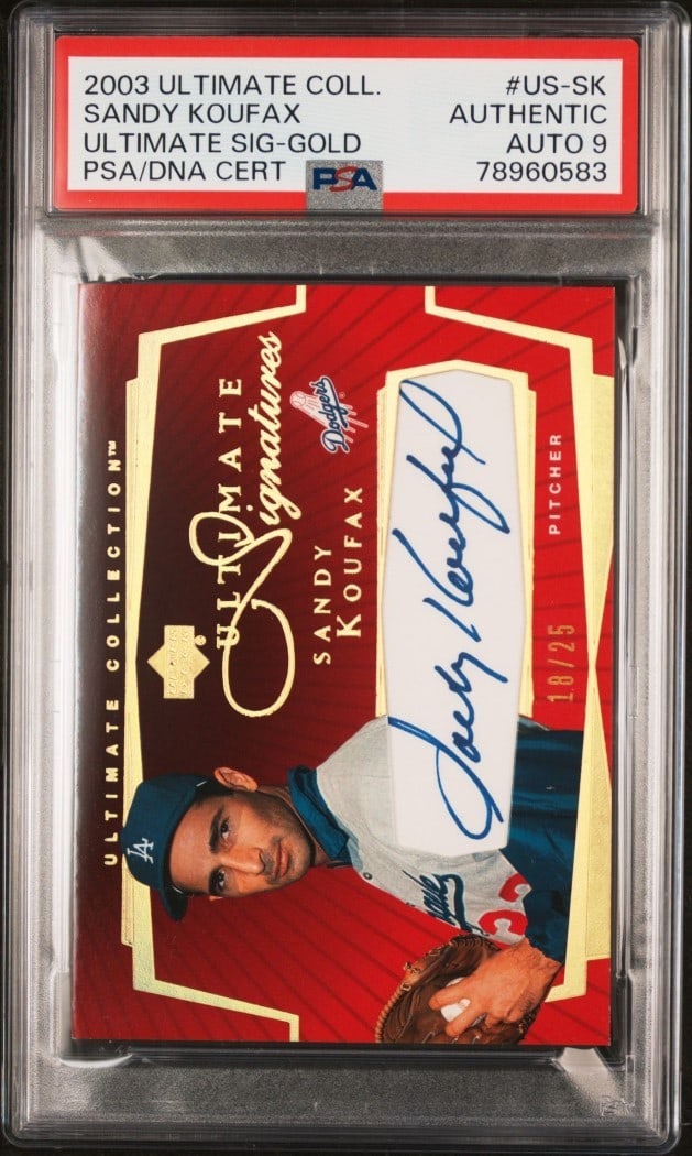 Sandy Koufax 2003 Ultimate Collection Gold PSA 9 #US-SK Limited Edition: Sandy Koufax 2003 Ultimate Collection Gold PSA 9 #US-SK Limited Edition This is a 2003 Ultimate Collection Signatures Gold baseball card featuring legendary player Sandy Koufax, who played for the Los