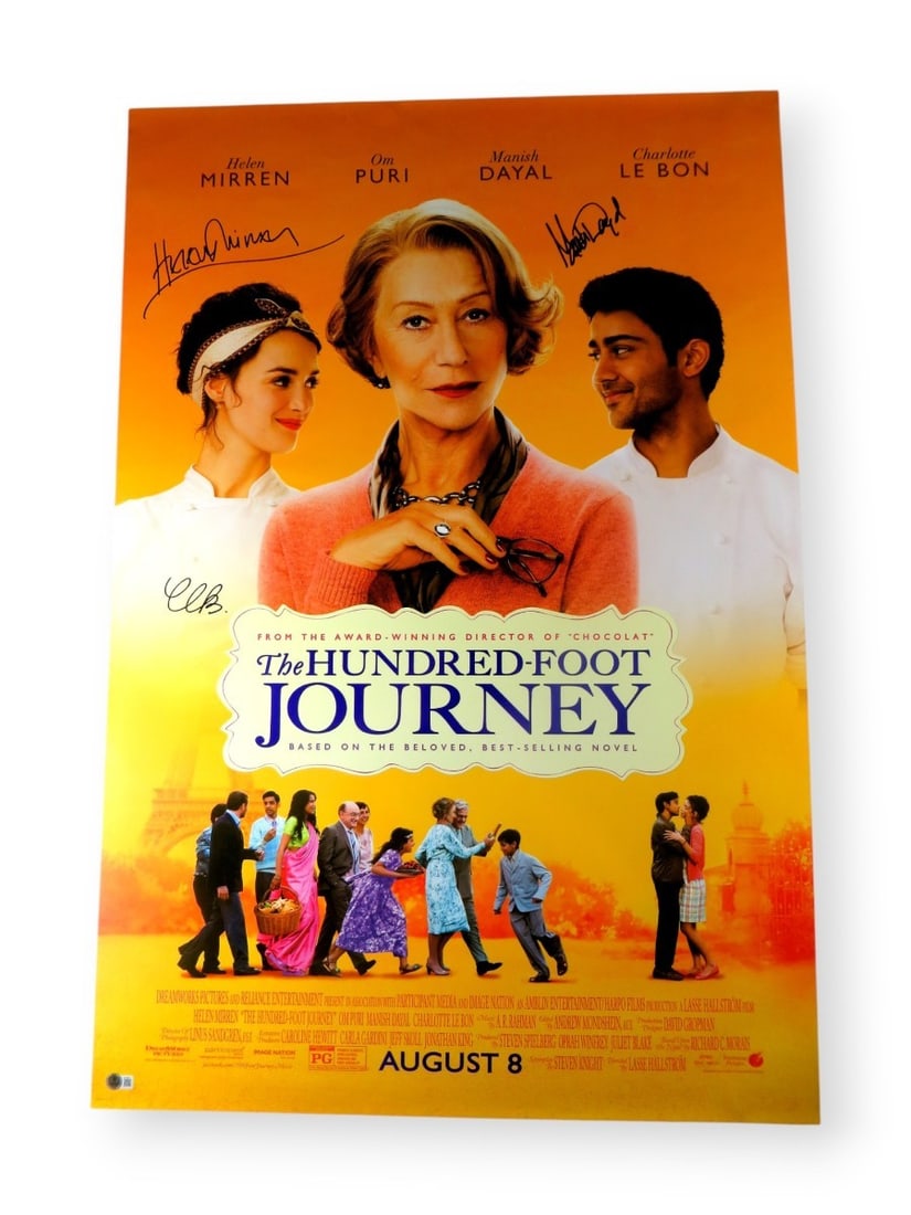 The Hundred Foot Journey Signed 27x40 Poster Mirren Dayal Le Bon Beckett Authenticated: The Hundred Foot Journey Signed 27x40 Poster Mirren Dayal Le Bon Beckett Authenticated This original 27X40 poster from "The Hundred Foot Journey" features the authentic signatures of acclaimed actors
