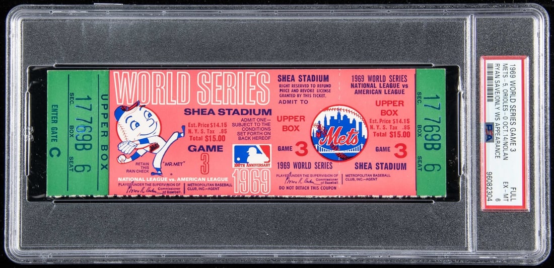 1969 World Series Game 3 Mets Orioles Full Ticket PSA 6 Nolan Ryan Save: 1969 World Series Game 3 Mets Orioles Full Ticket PSA 6 Nolan Ryan Save This is a full ticket from Game 3 of the 1969 World Series at Shea Stadium, where the New York Mets defeated the Baltimore Oriol