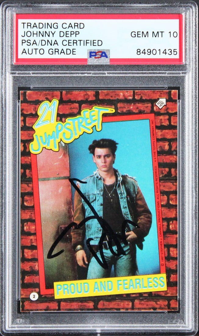 Johnny Depp Autographed 21 Jump Street Card 1987 Topps PSA DNA Graded 10: Johnny Depp Autographed 21 Jump Street Card 1987 Topps PSA DNA Graded 10 This 1987 Topps 21 Jump Street #2 trading card has been personally signed by Johnny Depp. The card is slabbed and authenticated