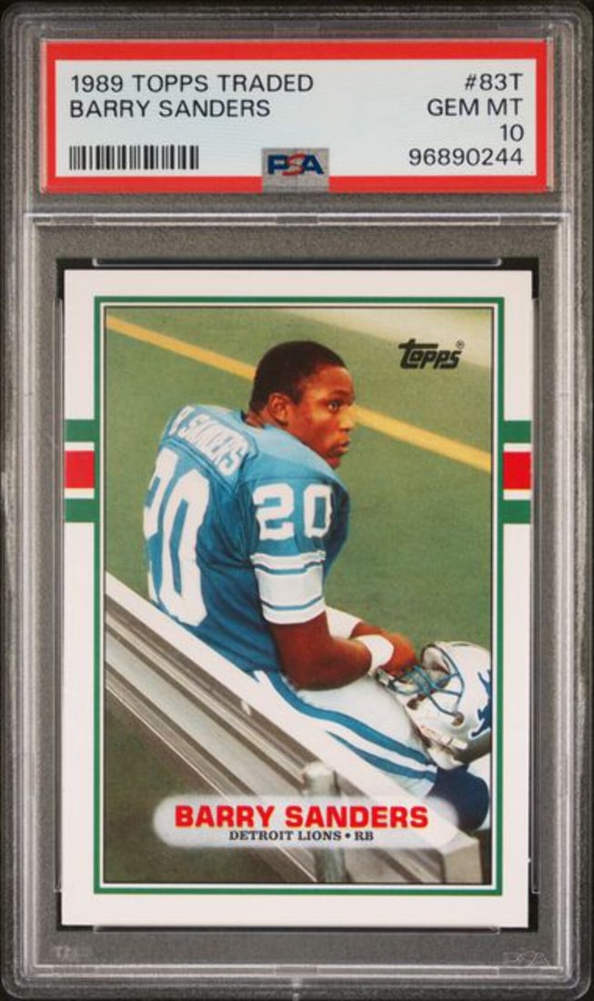 1989 Topps Traded Barry Sanders Rookie Card PSA 10 NFL: 1989 Topps Traded Barry Sanders Rookie Card PSA 10 NFL This is a graded 1989 Topps Traded Barry Sanders #83TTT Rookie RC Football Card, featuring the legendary NFL player Barry Sanders. The card has b
