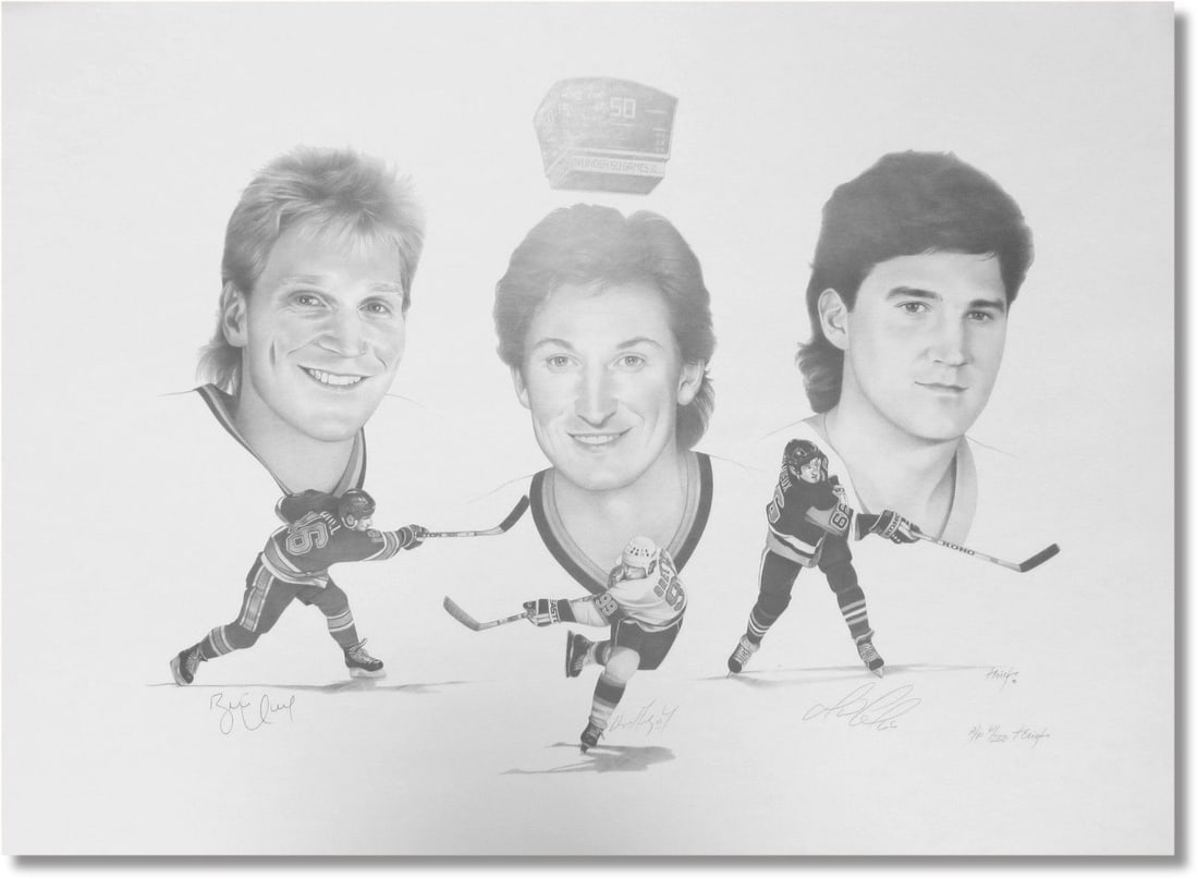 Wayne Gretzky Brett Hull Mario Lemieux Signed Lithograph 50 Goals 50 Games Limited Edition: Wayne Gretzky Brett Hull Mario Lemieux Signed Lithograph 50 Goals 50 Games Limited Edition Celebrate hockey history with this stunning lithograph featuring legends Wayne Gretzky, Brett Hull, and Mario