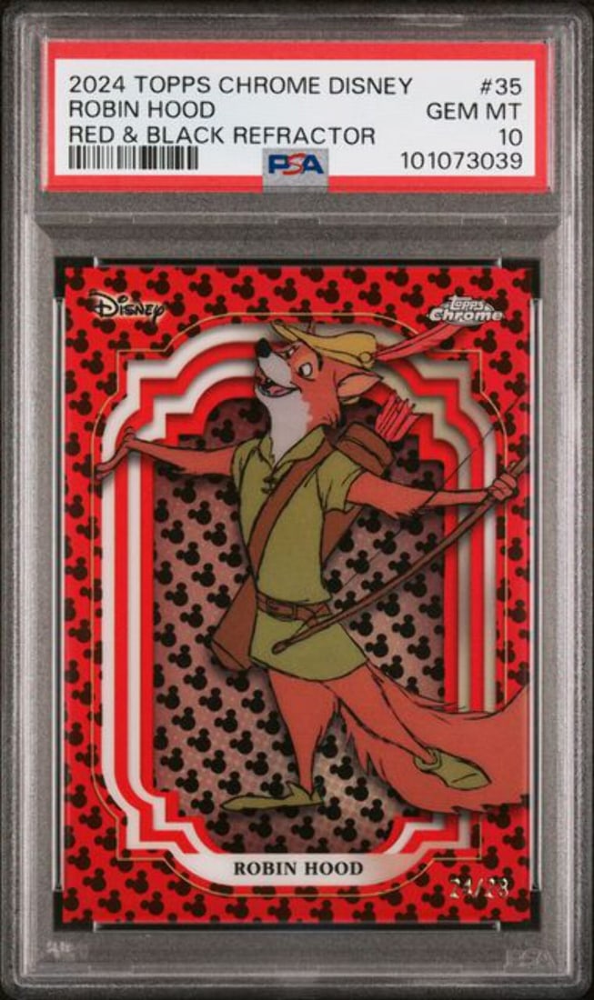 PSA 10 2024 Topps Chrome Robin Hood Red and Black Refractor Card #35: PSA 10 2024 Topps Chrome Robin Hood Red and Black Refractor Card #35 This is a 2024 Topps Chrome Disney Robin Hood #35 Red & Black Refractor trading card, professionally graded PSA 10 by Professional
