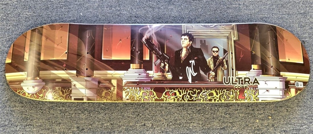 Al Pacino Signed Scarface Skateboard RARE Final Scene Beckett Auth: Al Pacino Signed Scarface Skateboard RARE Final Scene Beckett Auth This rare Scarface Ultra Corp skateboard features the iconic character Michael Corleone, signed by the legendary actor Al Pacino. The