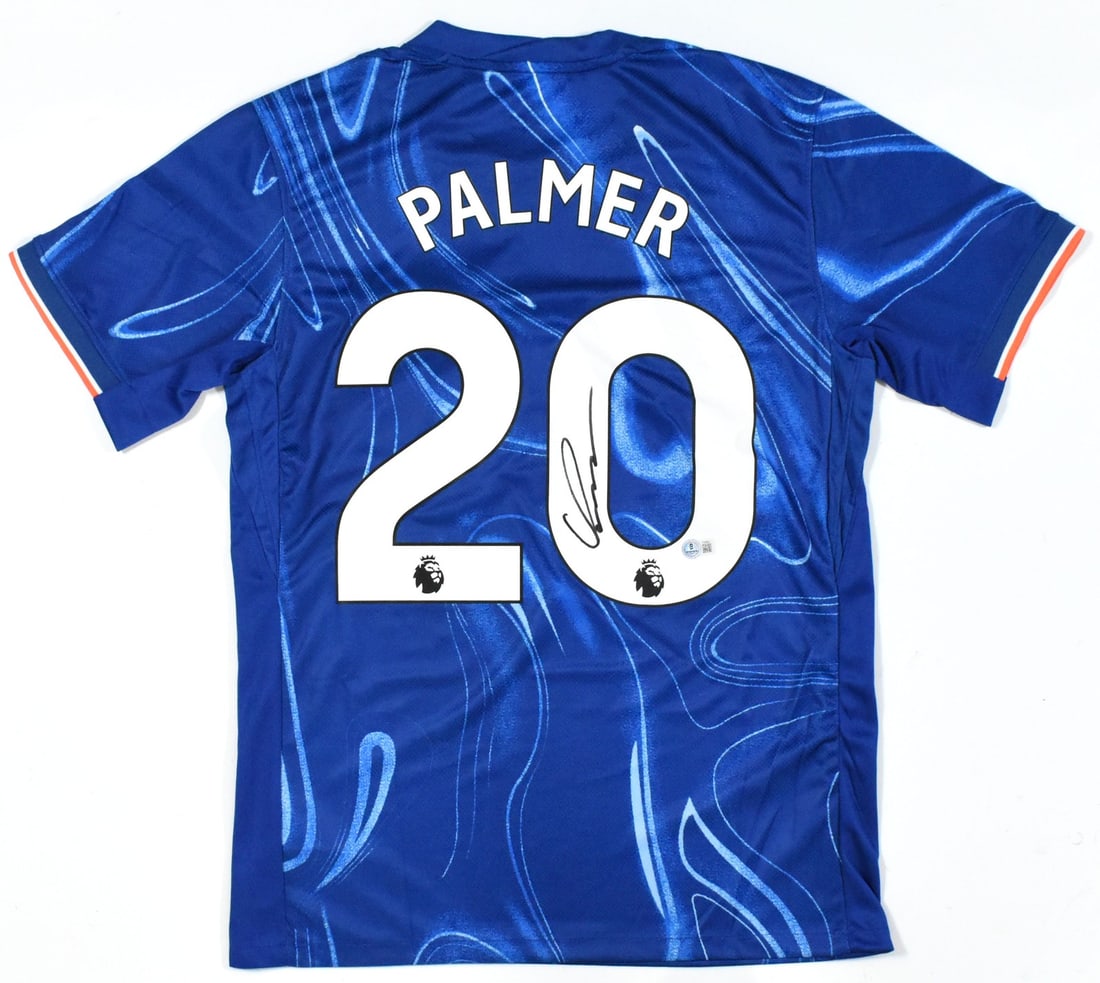 Chelsea FC Home Jersey Signed by Cole Palmer Beckett Hologram: Chelsea FC Home Jersey Signed by Cole Palmer Beckett Hologram This is a pre-owned Chelsea FC home soccer jersey autographed by player Cole Palmer, featuring his number 20. The jersey includes a Becket