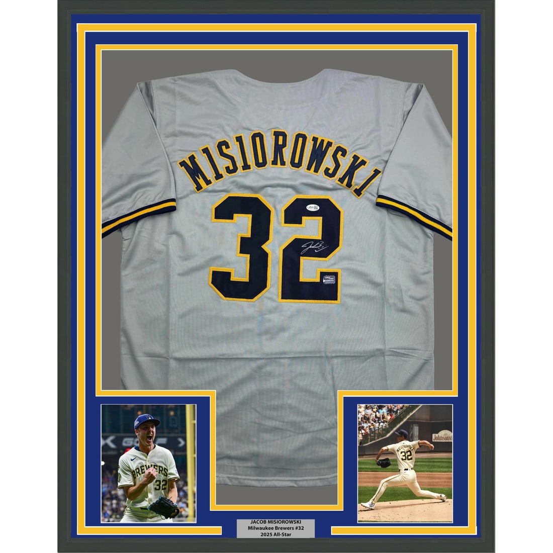 Jacob Misiorowski Signed Milwaukee Brewers Framed 35x39 Grey Jersey with JSA COA: Jacob Misiorowski Signed Milwaukee Brewers Framed 35x39 Grey Jersey with JSA COA This framed Milwaukee Brewers grey jersey is autographed by Jacob Misiorowski and comes with authentication from James