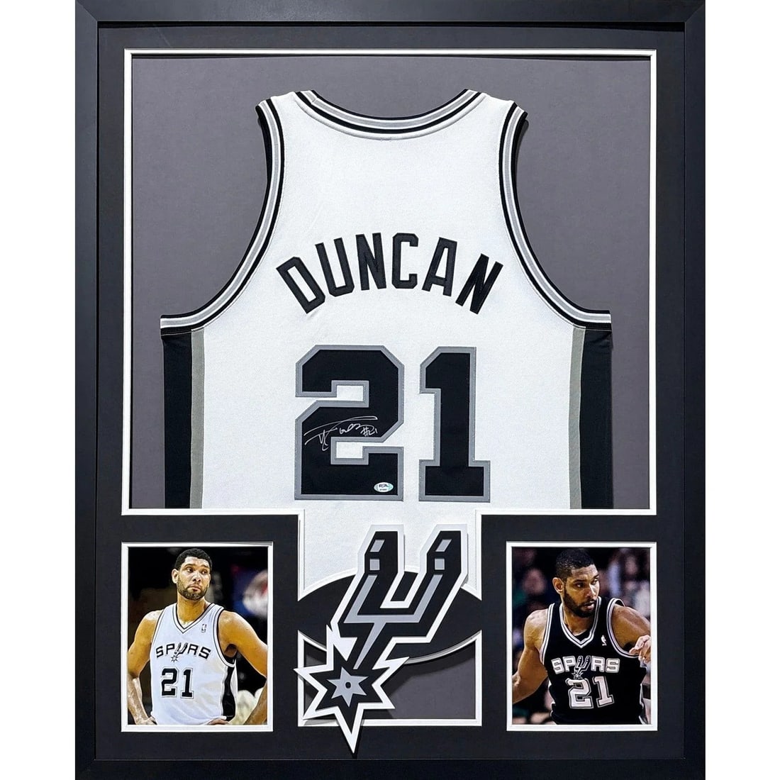 Framed Tim Duncan Autographed Jersey with JSA Authentication San Antonio Spurs: Framed Tim Duncan Autographed Jersey with JSA Authentication San Antonio Spurs This framed San Antonio Spurs jersey is autographed by Tim Duncan and authenticated by JSA, featuring a tamper-proof stic