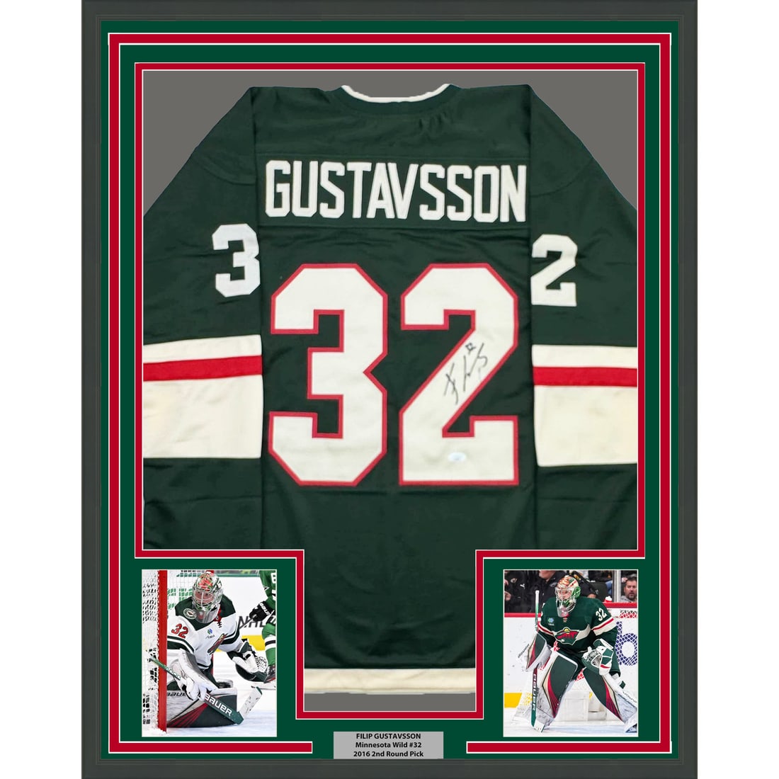 Framed Filip Gustavsson Signed Minnesota Wild Jersey with JSA COA: Framed Filip Gustavsson Signed Minnesota Wild Jersey with JSA COA This is a professionally framed and matted autographed jersey of Filip Gustavsson, featuring the Minnesota Wild. The framed display me