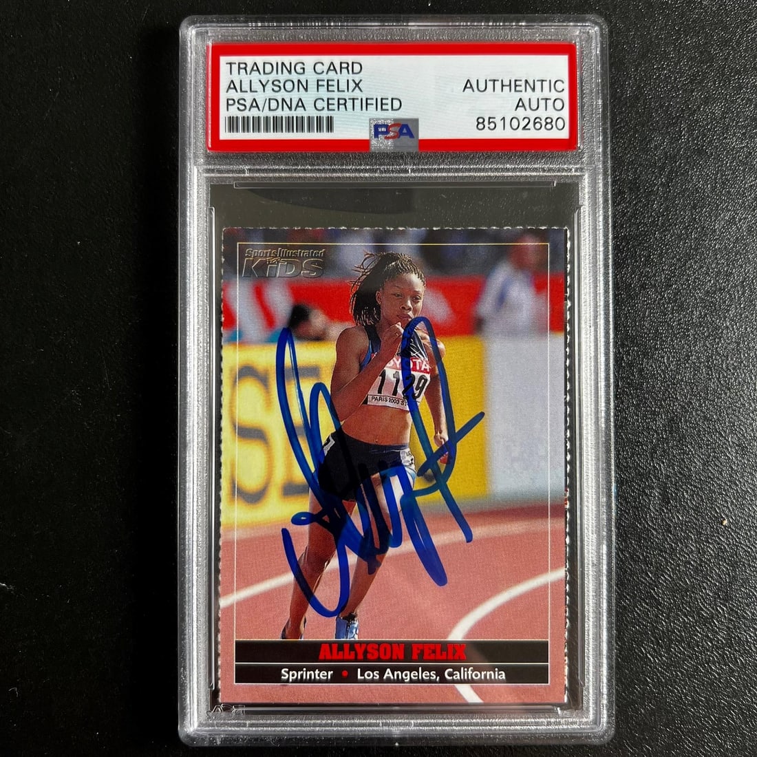 Allyson Felix Signed Sports Illustrated KIDS #386 Card PSA Authenticated: Allyson Felix Signed Sports Illustrated KIDS #386 Card PSA Authenticated This is a Sports Illustrated KIDS #386 card featuring the signature of Olympic athlete Allyson Felix. The autograph has been au