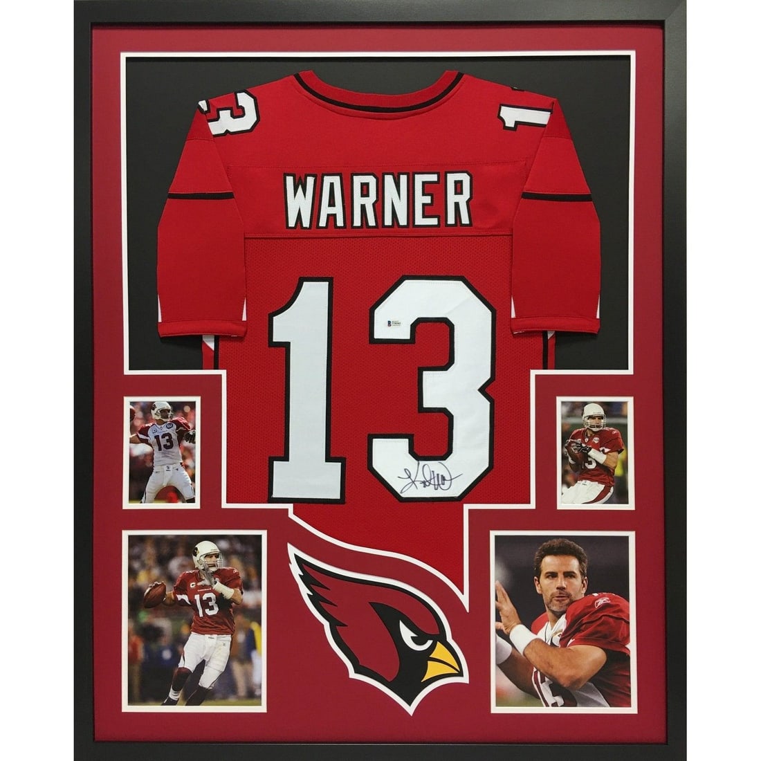 Framed Arizona Cardinals Jersey Signed by Kurt Warner Beckett Authenticated: Framed Arizona Cardinals Jersey Signed by Kurt Warner Beckett Authenticated This framed Arizona Cardinals jersey is autographed by Kurt Warner and features detailed framing with the team logo. The aut