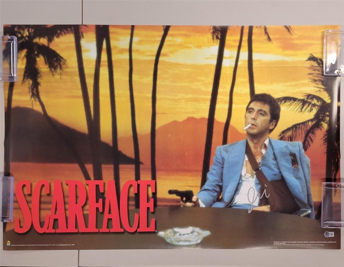 Scarface Poster 22.5x34.5 Signed by Al Pacino Tony Montana Beckett Authenticated: Scarface Poster 22.5x34.5 Signed by Al Pacino Tony Montana Beckett Authenticated This is an original Scarface poster signed by Al Pacino, who played Tony Montana. The autograph is authenticated by Bec