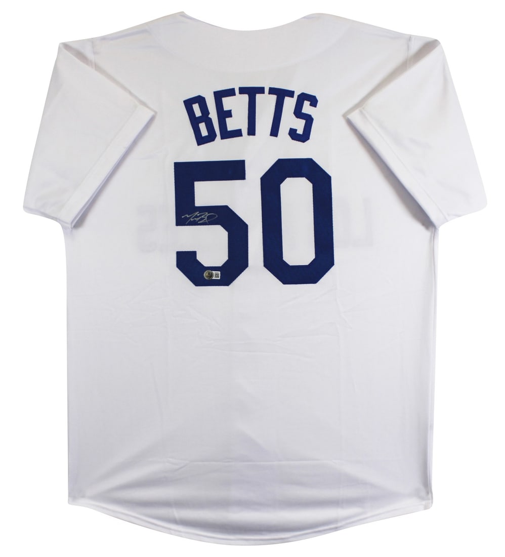 Autographed Mookie Betts White Jersey Beckett Authenticated Los Angeles Dodgers: Autographed Mookie Betts White Jersey Beckett Authenticated Los Angeles Dodgers This white pro style jersey is hand-signed by Mookie Betts of the Los Angeles Dodgers. The autograph is authenticated by