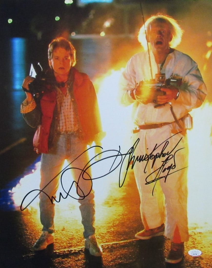 16x20 Back to the Future Photo Signed by Michael J Fox and Christopher Lloyd JSA: 16x20 Back to the Future Photo Signed by Michael J Fox and Christopher Lloyd JSA This is an original autographed 16x20 photo from the iconic film "Back to the Future," featuring the signatures of both