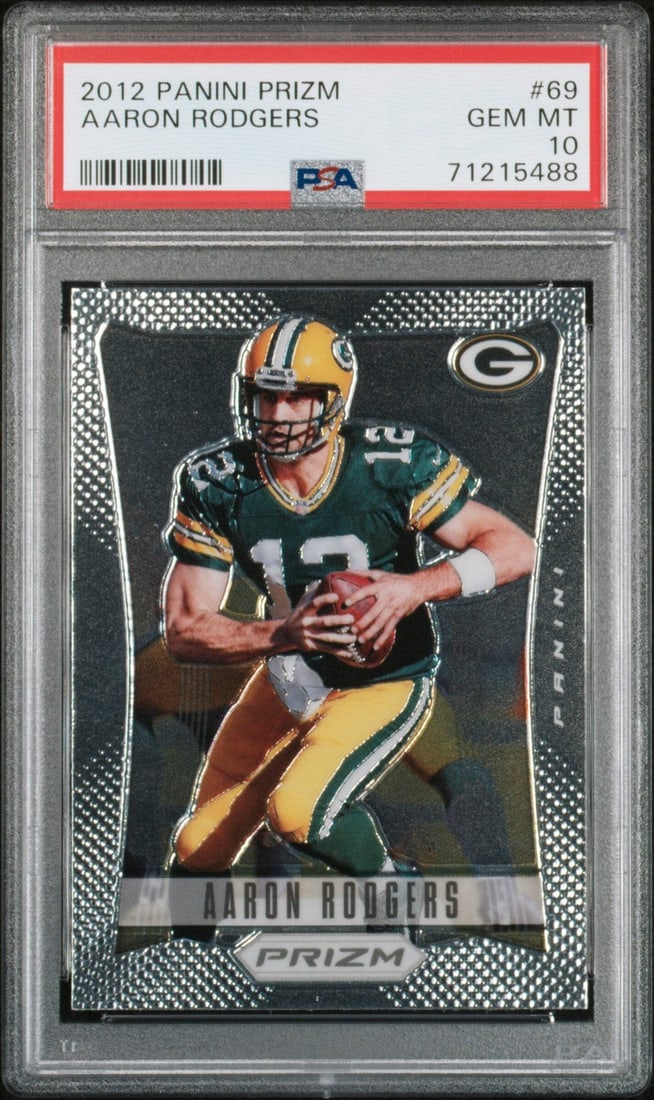 2012 Panini Prizm Aaron Rodgers #69 PSA 10 Gem Mint NFL Card: 2012 Panini Prizm Aaron Rodgers #69 PSA 10 Gem Mint NFL Card This is a 2012 Panini Prizm Aaron Rodgers #69 Football Card, graded PSA 10 Gem Mint by Professional Sports Authenticator (PSA). The card fe