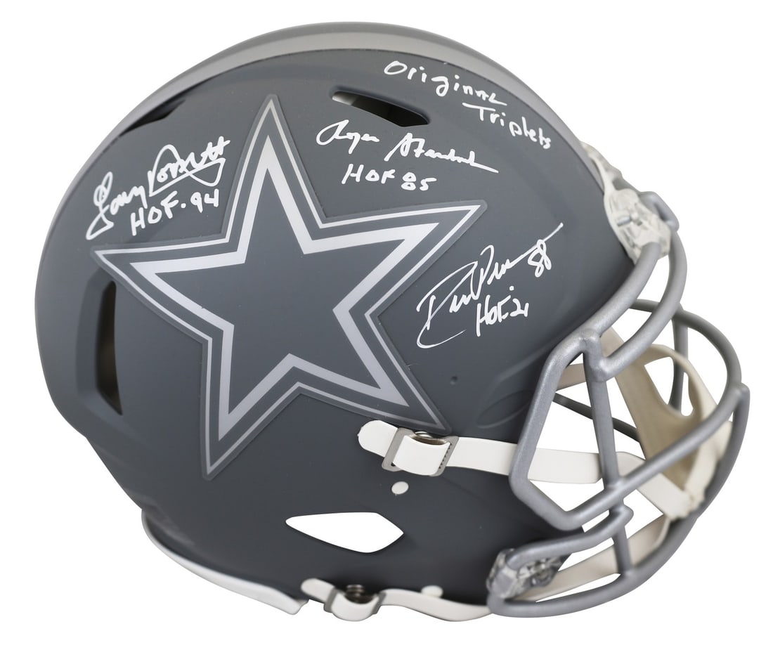 Dallas Cowboys Signed Slate Helmet Staubach Dorsett Pearson BAS Authenticated: Dallas Cowboys Signed Slate Helmet Staubach Dorsett Pearson BAS Authenticated This autographed alternate slate Riddell Authentic Full Size Speed Proline Helmet features the signatures of Dallas Cowboy
